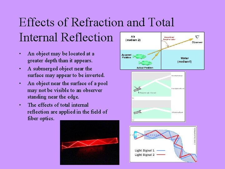 Effects of Refraction and Total Internal Reflection • • An object may be located