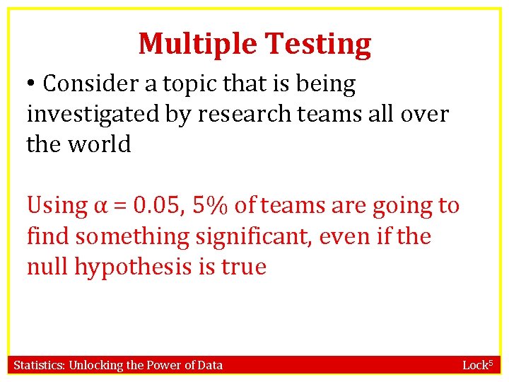 Multiple Testing • Consider a topic that is being investigated by research teams all