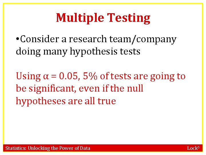 Multiple Testing • Consider a research team/company doing many hypothesis tests Using α =