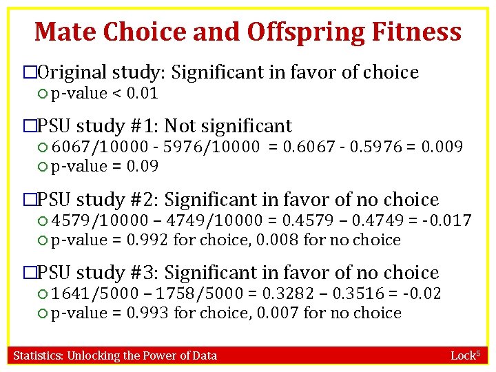 Mate Choice and Offspring Fitness �Original study: Significant in favor of choice p-value <