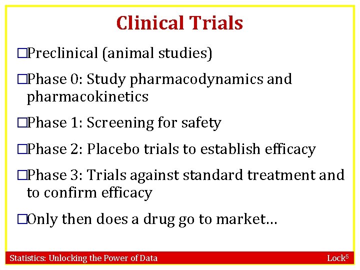 Clinical Trials �Preclinical (animal studies) �Phase 0: Study pharmacodynamics and pharmacokinetics �Phase 1: Screening