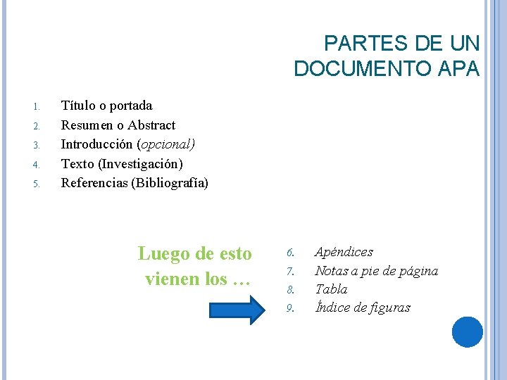 PARTES DE UN DOCUMENTO APA 1. 2. 3. 4. 5. Título o portada Resumen