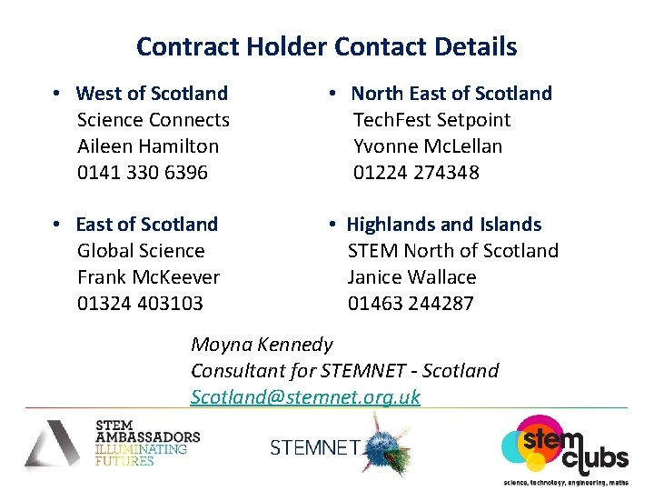 Contract Holder Contact Details • West of Scotland Science Connects Aileen Hamilton 0141 330