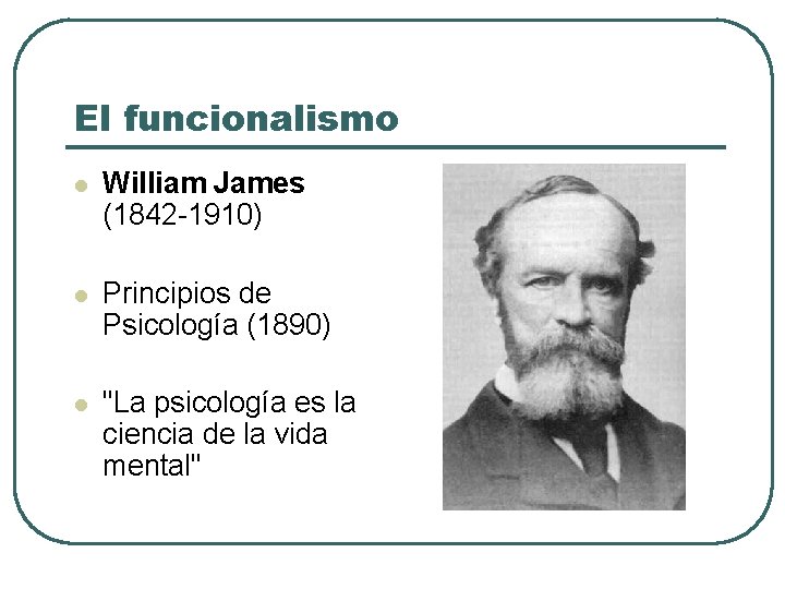 El funcionalismo l William James (1842 -1910) l Principios de Psicología (1890) l "La