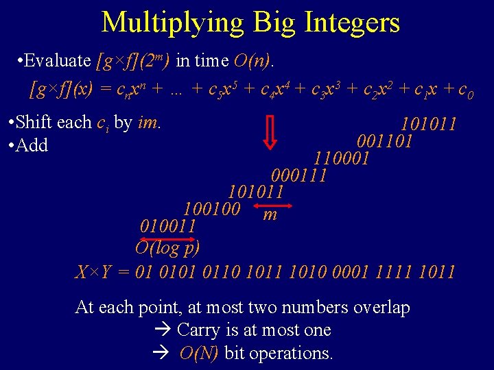 Multiplying Big Integers • Evaluate [g×f](2 m) in time O(n). [g×f](x) = cnxn +