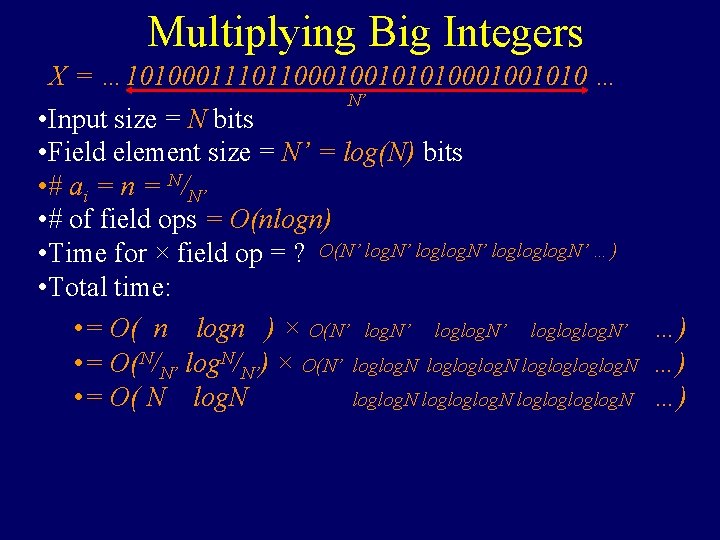 Multiplying Big Integers X = … 1010001110110001001010 … N’ • Input size = N