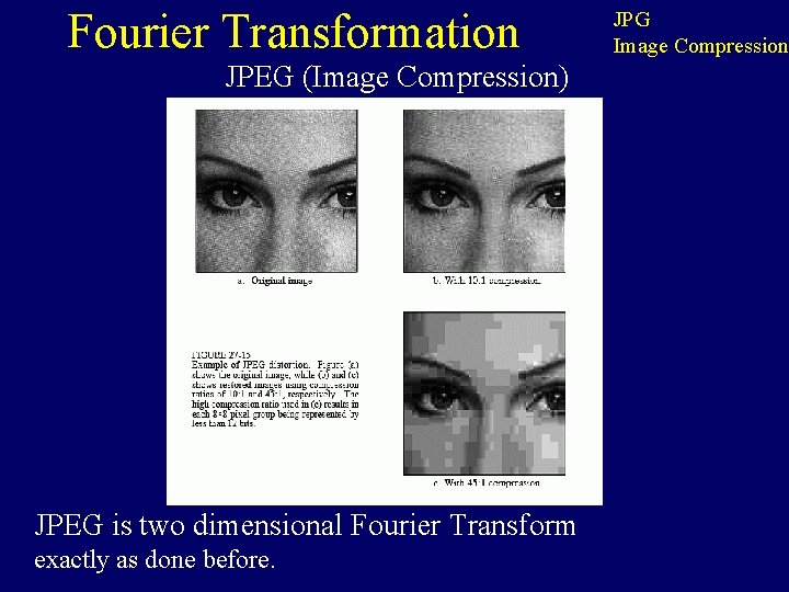 Fourier Transformation JPEG (Image Compression) JPEG is two dimensional Fourier Transform exactly as done