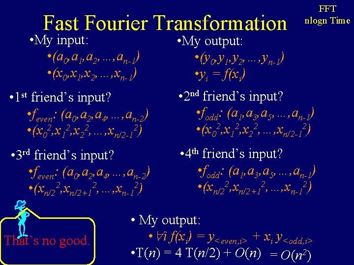 Fast Fourier Transformation • My input: • (a 0, a 1, a 2, …,