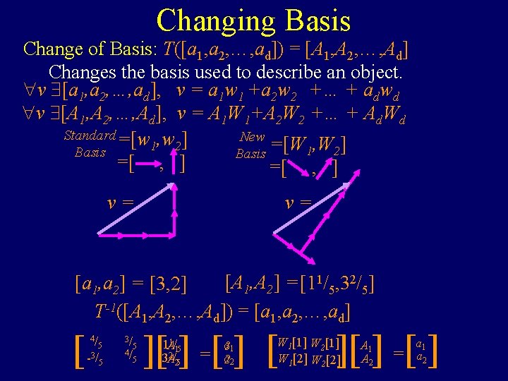 Changing Basis Change of Basis: T([a 1, a 2, …, ad]) = [A 1,