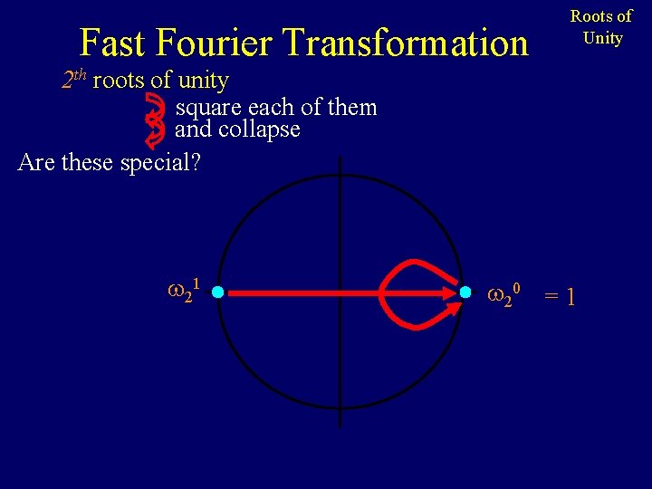 Fast Fourier Transformation Roots of Unity 2 th roots of unity square each of