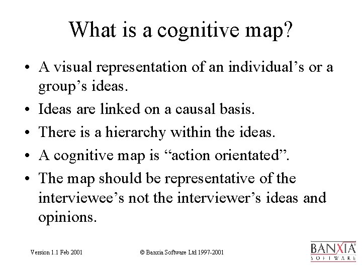 What is a cognitive map? • A visual representation of an individual’s or a