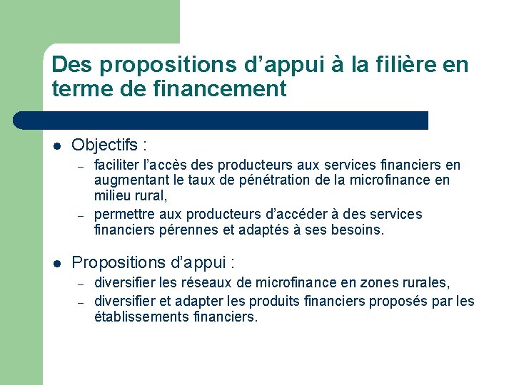 Des propositions d’appui à la filière en terme de financement l Objectifs : –