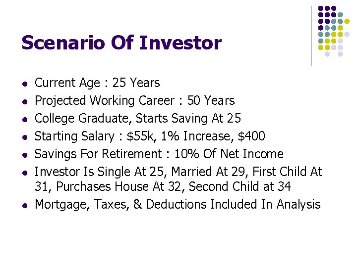 Scenario Of Investor l l l l Current Age : 25 Years Projected Working