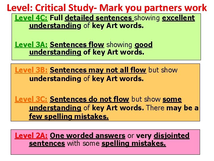 Level: Critical Study- Mark you partners work Level 4 C: Full detailed sentences showing