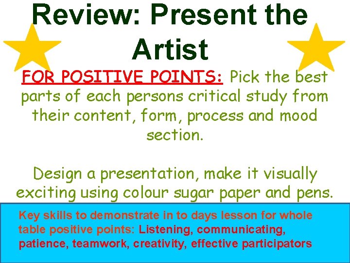Review: Present the Artist FOR POSITIVE POINTS: Pick the best parts of each persons