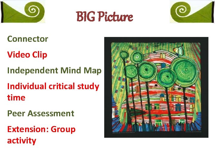 BIG Picture Connector Video Clip Independent Mind Map Individual critical study time Peer Assessment
