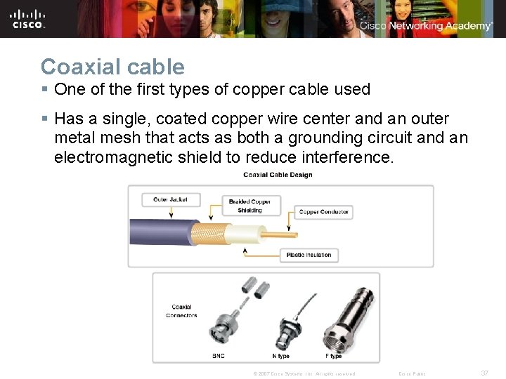 Coaxial cable § One of the first types of copper cable used § Has