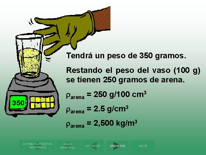Tendrá un peso de 350 gramos. Restando el peso del vaso (100 g) se