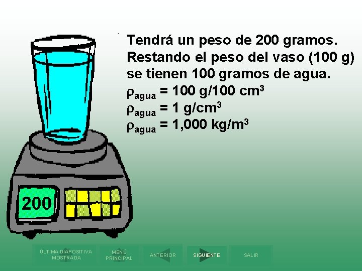 Tendrá un peso de 200 gramos. Restando el peso del vaso (100 g) se