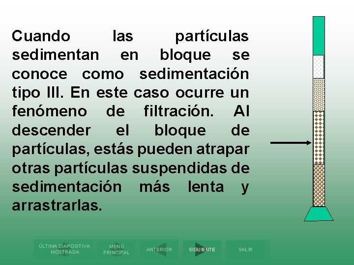 Cuando las partículas sedimentan en bloque se conoce como sedimentación tipo III. En este