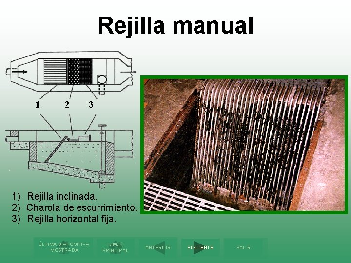 Rejilla manual 1 2 3 1) Rejilla inclinada. 2) Charola de escurrimiento. 3) Rejilla
