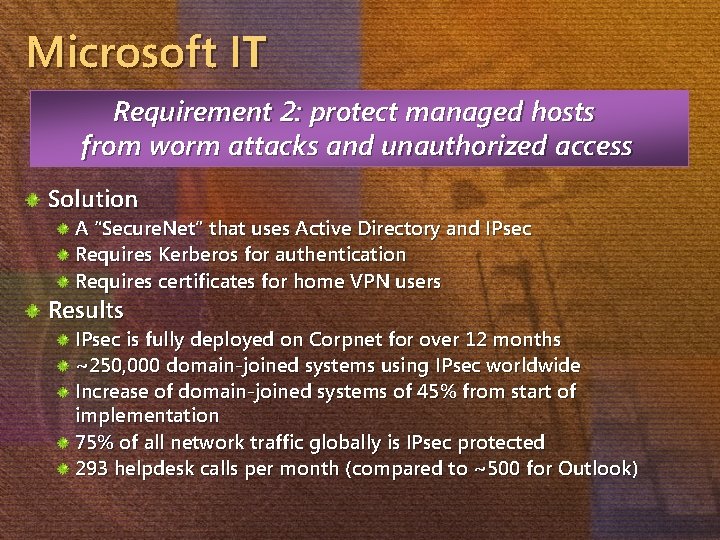 Microsoft IT Requirement 2: protect managed hosts from worm attacks and unauthorized access Solution