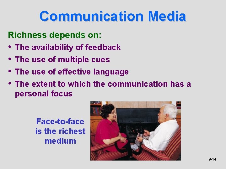 Communication Media Richness depends on: • • The availability of feedback The use of