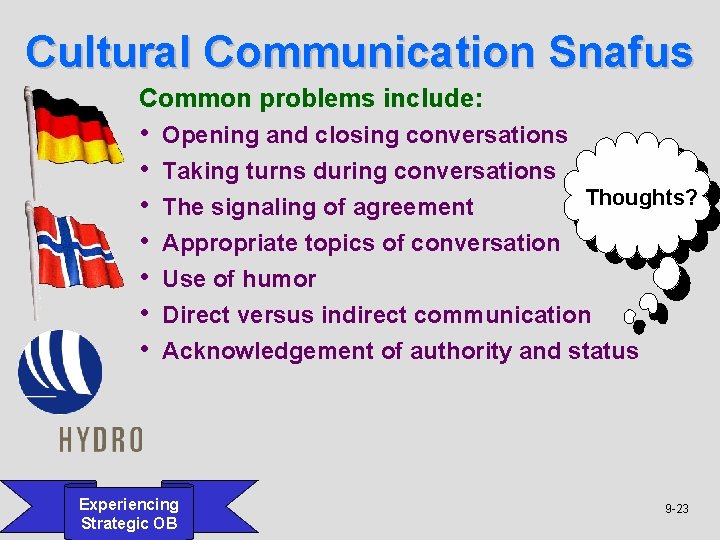 Cultural Communication Snafus Common problems include: • • Opening and closing conversations Taking turns