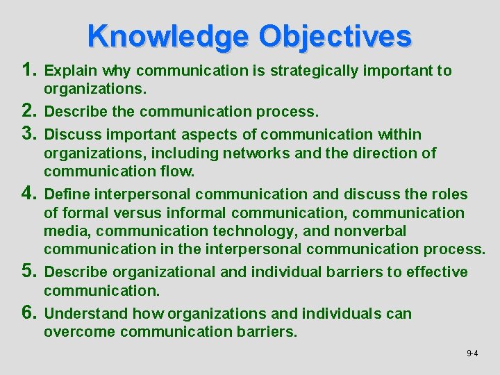 Knowledge Objectives 1. Explain why communication is strategically important to 2. 3. 4. 5.