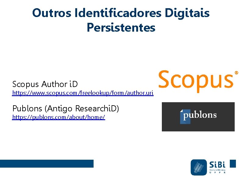 Outros Identificadores Digitais Persistentes Scopus Author i. D https: //www. scopus. com/freelookup/form/author. uri Publons