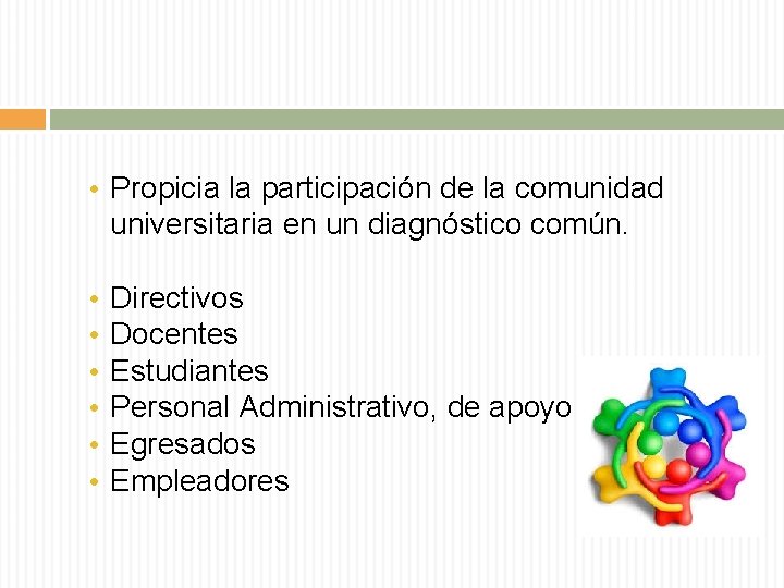  • Propicia la participación de la comunidad universitaria en un diagnóstico común. •