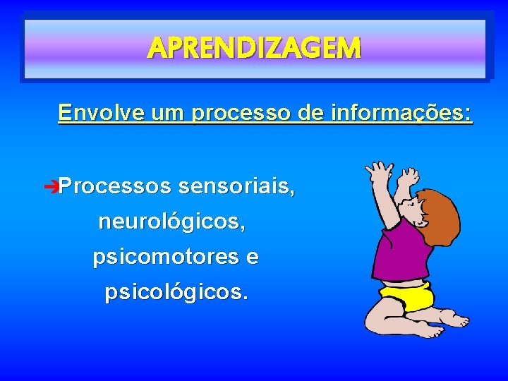 APRENDIZAGEM Envolve um processo de informações: èProcessos sensoriais, neurológicos, psicomotores e psicológicos. 