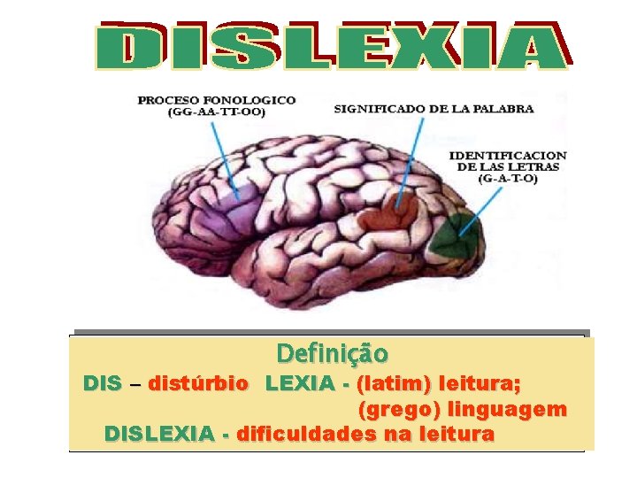 Definição DIS – distúrbio LEXIA - (latim) leitura; (grego) linguagem DISLEXIA - dificuldades na