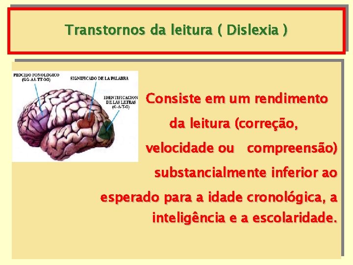 Transtornos da leitura ( Dislexia ) Consiste em um rendimento da leitura (correção, velocidade