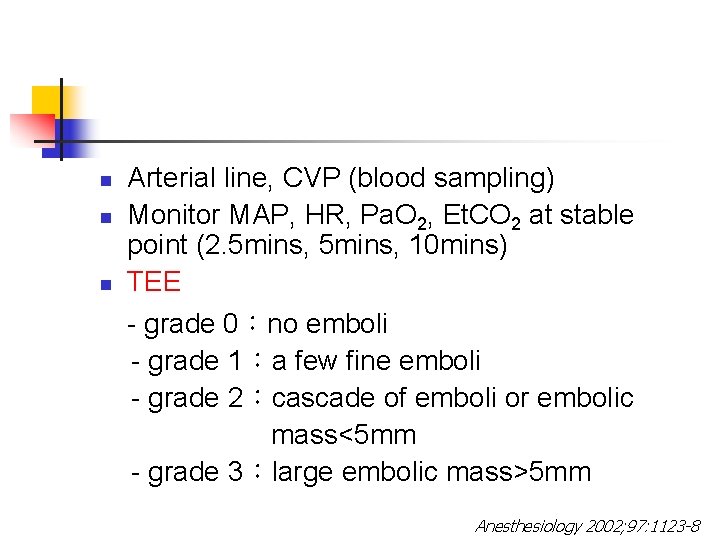 n n n Arterial line, CVP (blood sampling) Monitor MAP, HR, Pa. O 2,