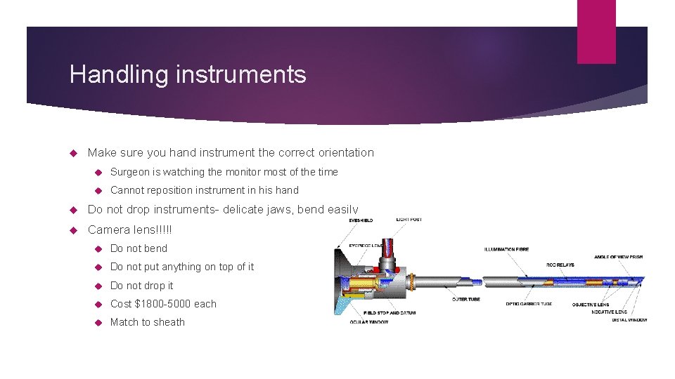 Handling instruments Make sure you hand instrument the correct orientation Surgeon is watching the