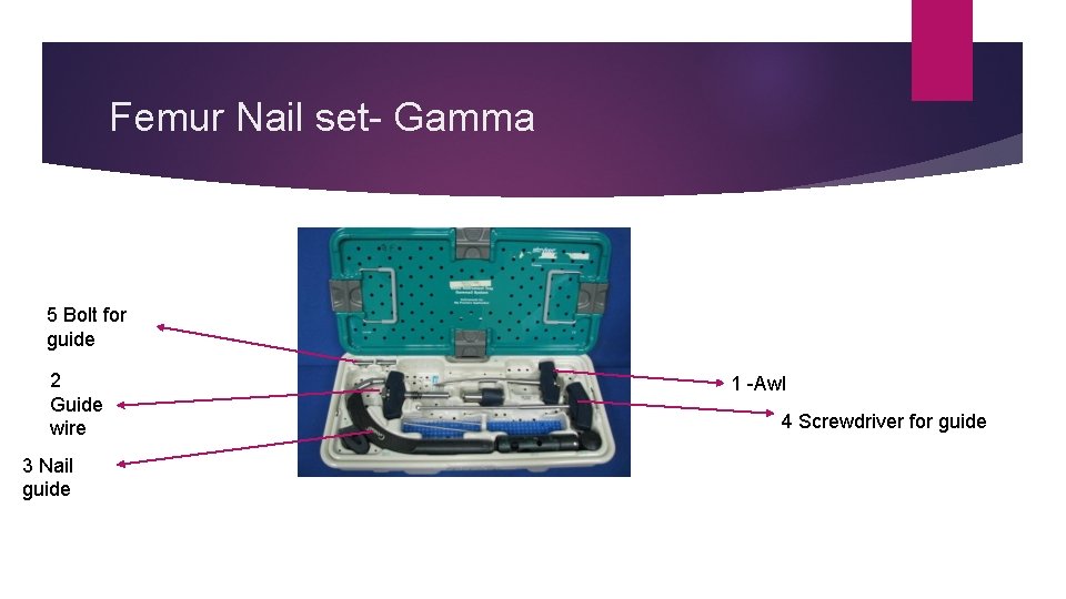 Femur Nail set- Gamma 5 Bolt for guide 2 Guide wire 3 Nail guide