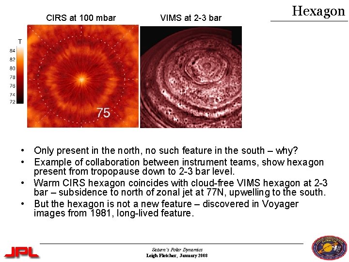 CIRS at 100 mbar VIMS at 2 -3 bar Hexagon • Only present in CIRS at 100 mbar VIMS at 2 -3 bar Hexagon • Only present in