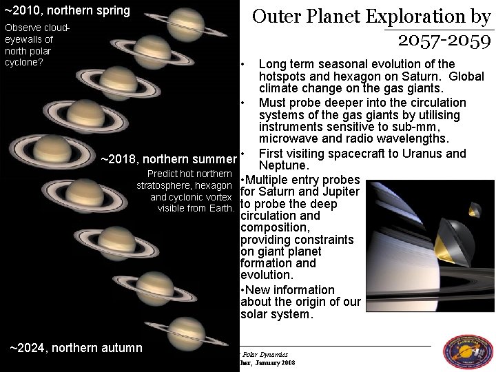 ~2010, northern spring Observe cloudeyewalls of north polar cyclone? Outer Planet Exploration by 2057 ~2010, northern spring Observe cloudeyewalls of north polar cyclone? Outer Planet Exploration by 2057
