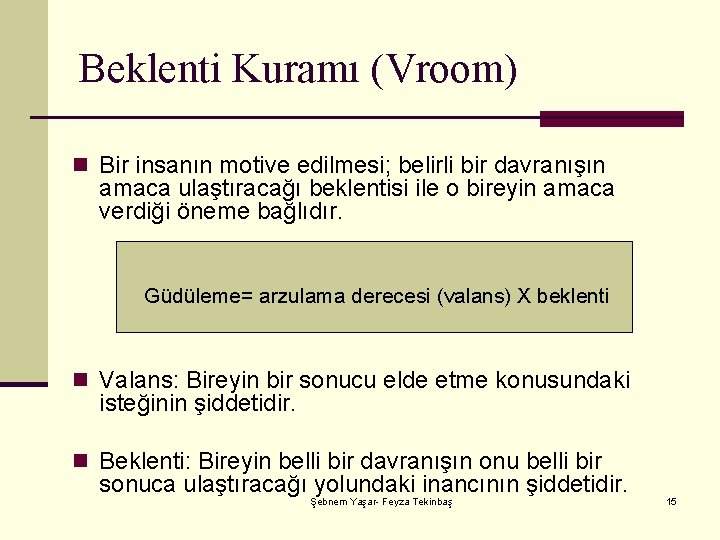 Beklenti Kuramı (Vroom) n Bir insanın motive edilmesi; belirli bir davranışın amaca ulaştıracağı beklentisi