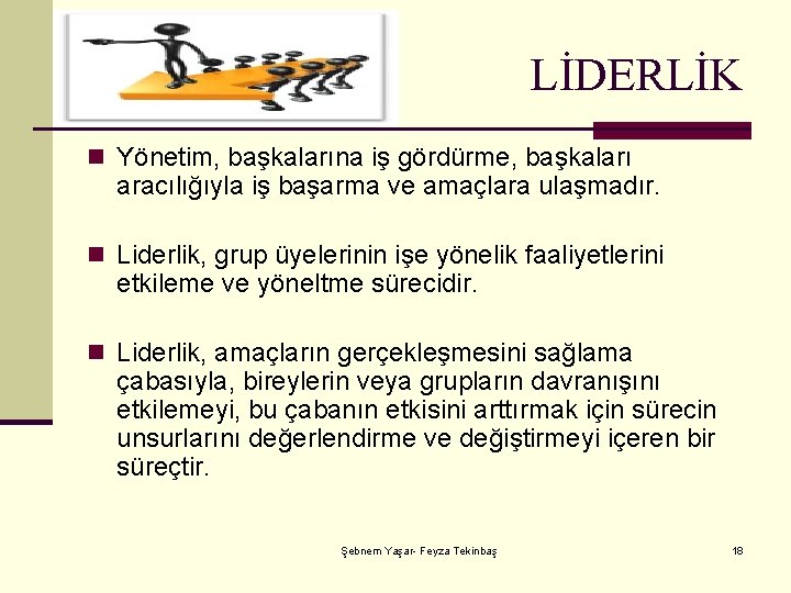 LİDERLİK n Yönetim, başkalarına iş gördürme, başkaları aracılığıyla iş başarma ve amaçlara ulaşmadır. n
