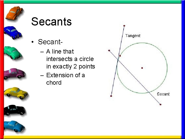 Secants • Secant– A line that intersects a circle in exactly 2 points –