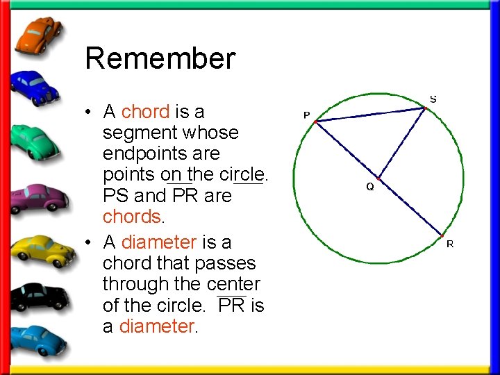 Remember • A chord is a segment whose endpoints are points on the circle.
