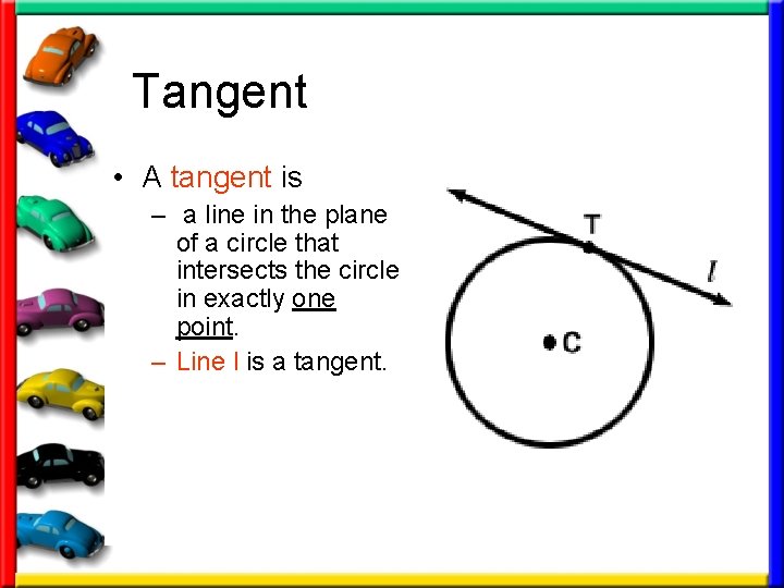 Tangent • A tangent is – a line in the plane of a circle