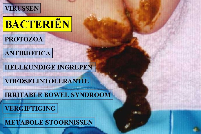 VIRUSSEN BACTERIËN PROTOZOA ANTIBIOTICA HEELKUNDIGE INGREPEN VOEDSELINTOLERANTIE IRRITABLE BOWEL SYNDROOM VERGIFTIGING METABOLE STOORNISSEN 