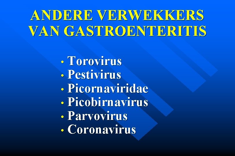 ANDERE VERWEKKERS VAN GASTROENTERITIS • Torovirus • Pestivirus • Picornaviridae • Picobirnavirus • Parvovirus