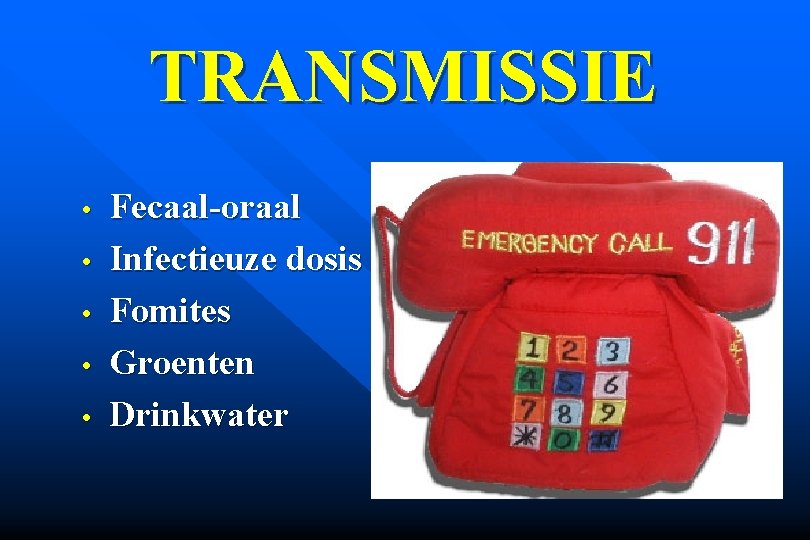 TRANSMISSIE • • • Fecaal-oraal Infectieuze dosis Fomites Groenten Drinkwater 