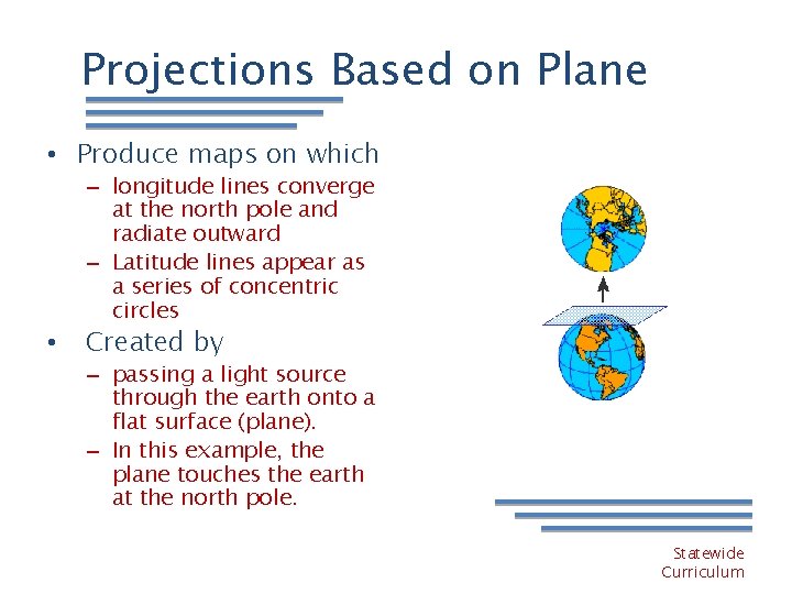 Projections Based on Plane • Produce maps on which • – longitude lines converge