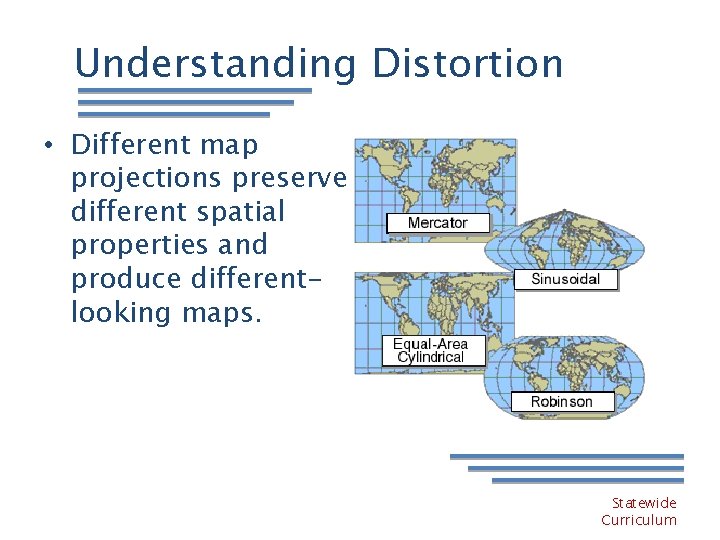 Understanding Distortion • Different map projections preserve different spatial properties and produce differentlooking maps.