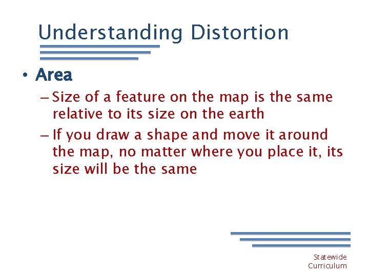 Understanding Distortion • Area – Size of a feature on the map is the